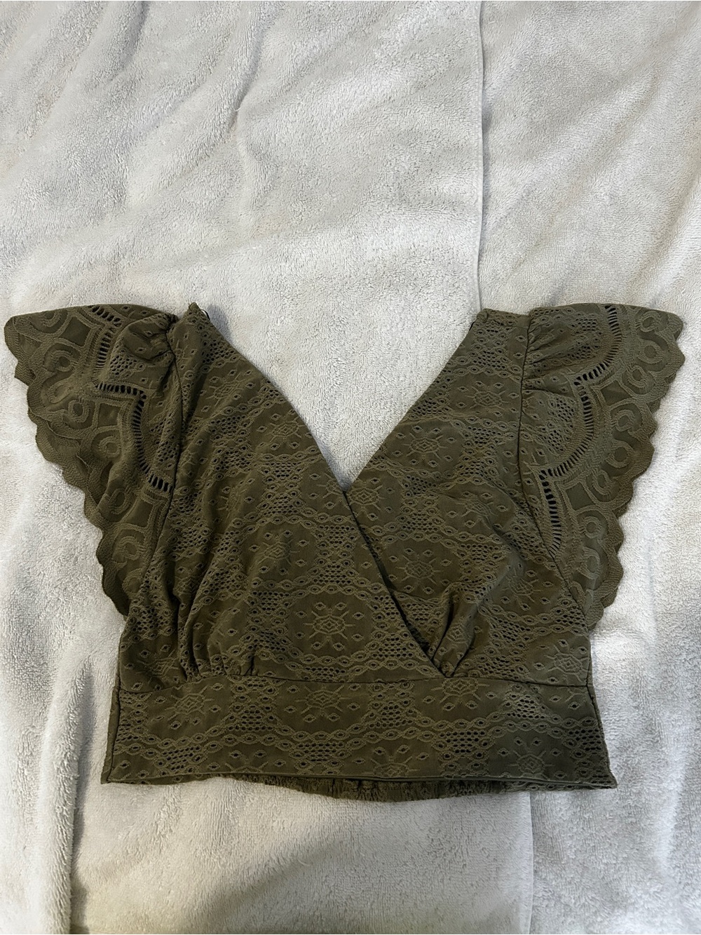 URBAN Romantics Olive Eyelet Wrap Crop Top with Scalloped Flutter Sleeves